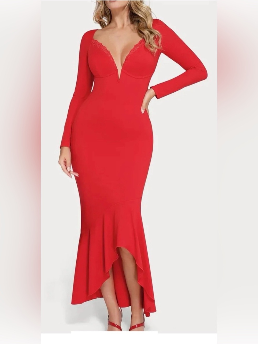 Red Long Sleeve High-Low Mermaid Dress